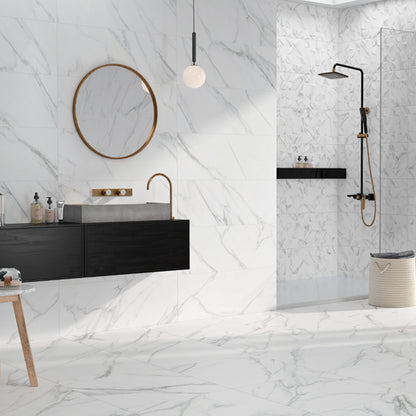 White marble effect tiles in bathroom