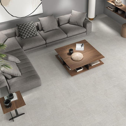 Matt grey floor tiles in living room