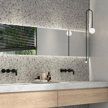 owen terrazzo effect tile used on a bathroom splashback wall